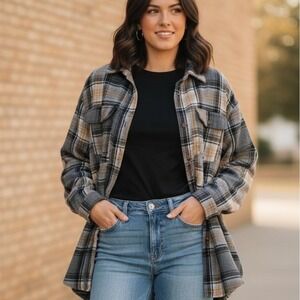 Umgee Oversized Black Brown Cream Plaid Shacket Fall Boho Women's‎ Plus Size 1XL